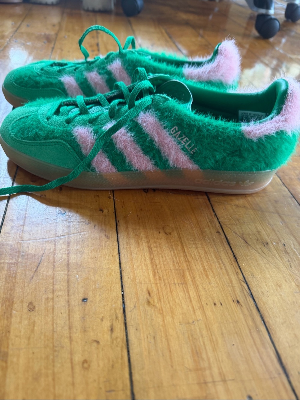 adidas womenโs size 9 Gazelle Fuzzy Green and Pink Sneakers